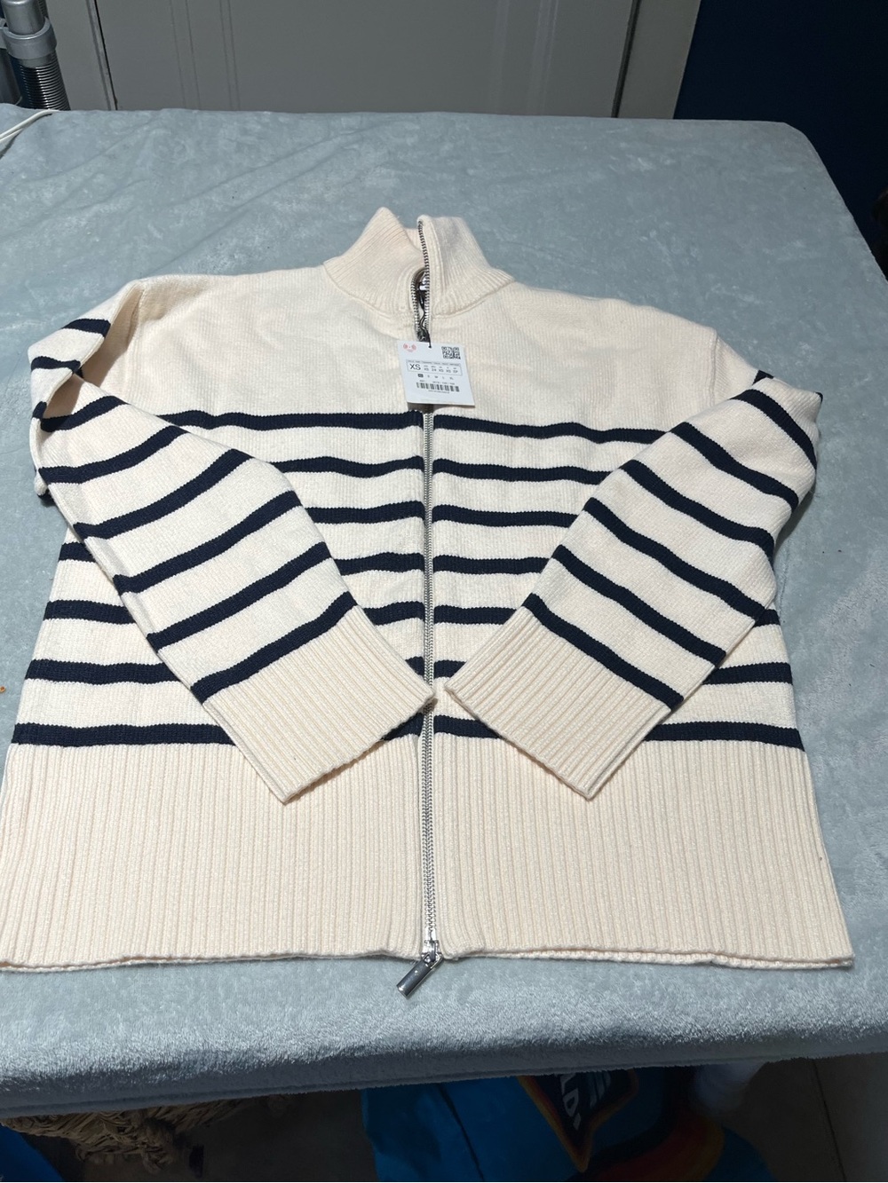 Zara Cream and Black Striped Zip-Front Sweater